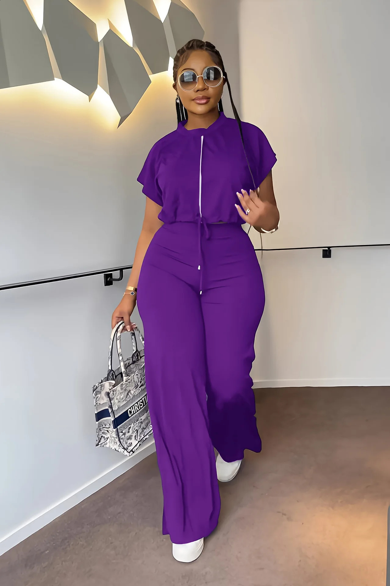 Summer Fashion Sports Style Two Piece Set for Women Casual Drawstring Top Split Wide Leg Pants Two Piece Set Women 240813