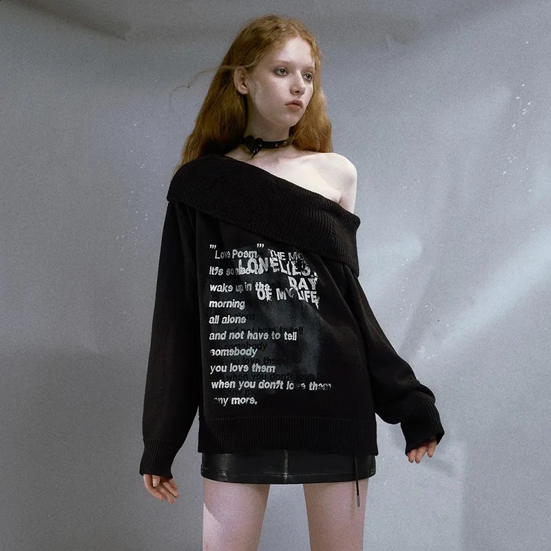Karrcat Grunge Aesthetics Off Shoulder Pullover Vintage Gothic Graffiti Print Sweater Punk Slash Neck Knitwear American Retro 240812