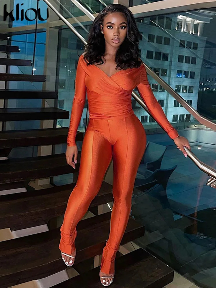 kliou Autumn Women Ankle-Length Casual Polyester Glossy Two Piece Set K23S35204 Solid Folds TeesPencil Pants Street Outfit 240813