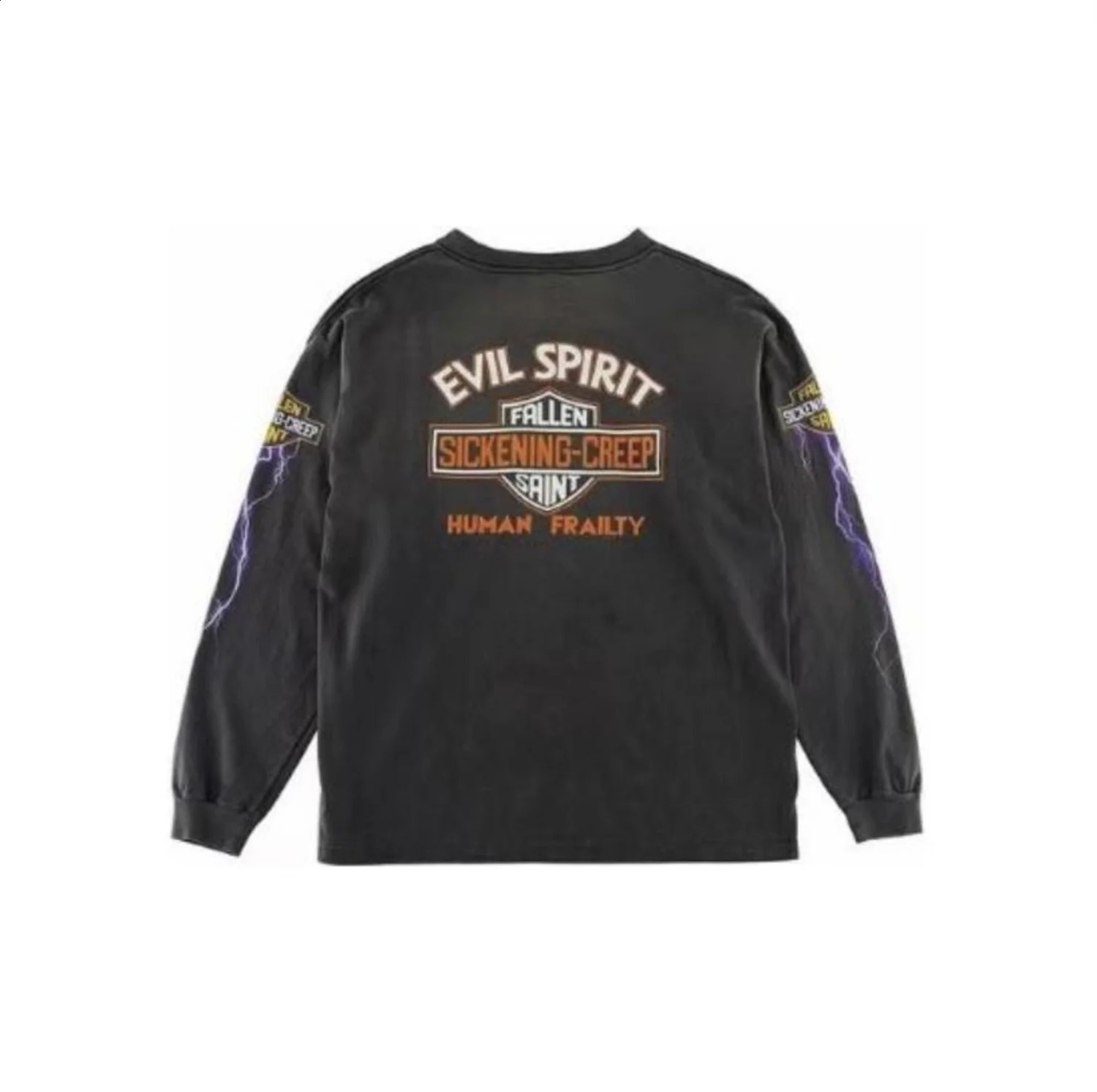 Summer Retro EVILSPIRIT Thunder Printed Washed High Street Cotton Loose Long Sleeve Mens Tshirt Zipper 240812