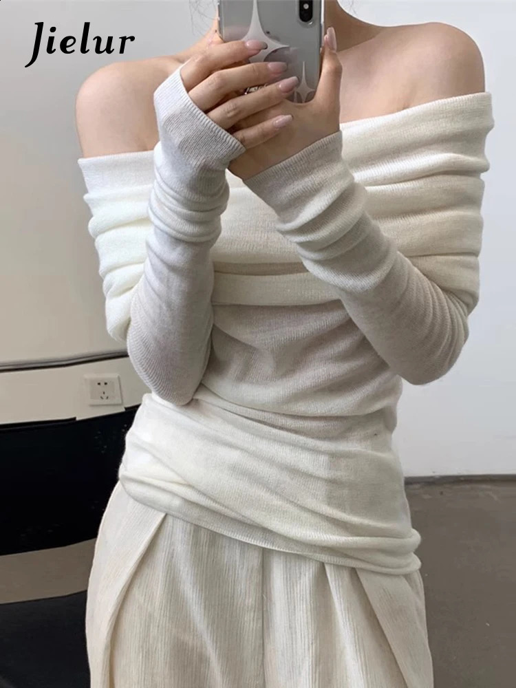 Jielur Autumn Solid Color Slim Women Pullovers Casual Loose Sexy Sweet Pullovers Woman Dark Grey White Black Pink Knitted Top 240813