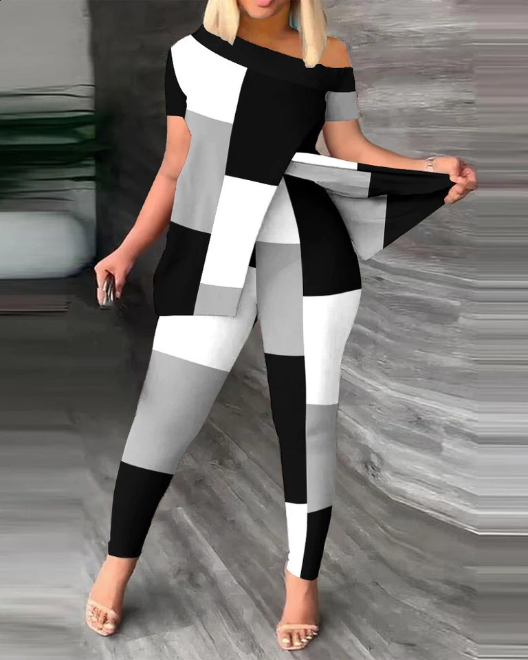 Two Piece Sets Women Outifits Spring Fashion Geometric Print Slant Neck Short Sleeve Hem Slit Top Casual Skinny Pants Set 240813