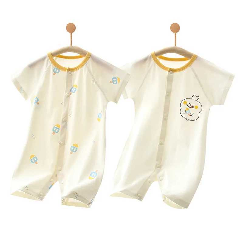 2 pieces of summer soft cotton thin baby short sleeved jumpsuit suitable for boys and girls cute cartoon clip toddler crawling set W240812