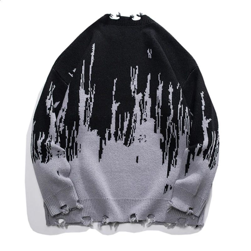 Autumn Oversize Ripped Sweater Men Jacquard Pattern Jumper Fashion Korean Street Knitted Pullovers Tops Clothing Male Plus Size 240812