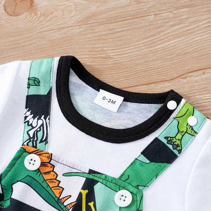 Newborn Clothing Handsome Cartoon Dinosaur Fake Belt Full Print Soft Summer Boys and Girls 0-18 Short Sleeve Baby Tight Clothes W240812