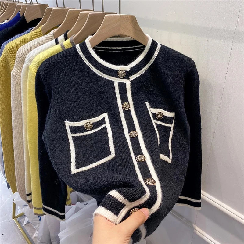 Korean Elegant Chic Contrast Color Long Sleeve Pocket Button Knitted Cardigan for Women Spring Autumn Loose Female Sweater Coats 240813