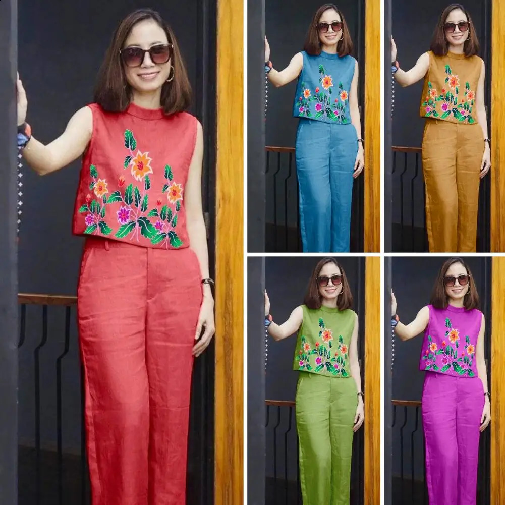 Summer Cotton Womens Set Sleeveless O-Neck Tank Top Wide Leg Pants Two Piece Sets Women Outifits Oversize Clothes Outfits 240813