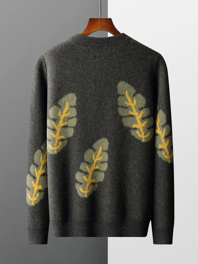 Jacquard Autumn Cashmere Sweater Mens Round Neck Pulling 100% Merino Wool Knitted Casual Fashion Retro Thick Top 240812