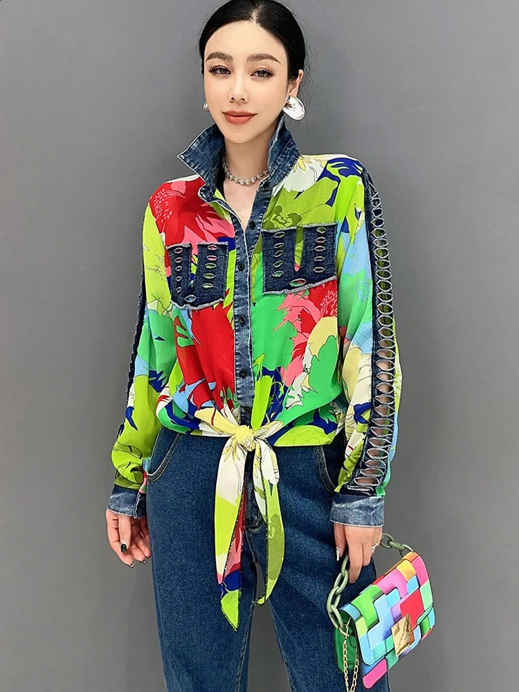 SHENGPALAE Denim Patchwork Chiffon Shirt With Tie Up 2024 Spring Summer Fashion Casual Loose Elegant Womens Clothes Top 5R9738 240812