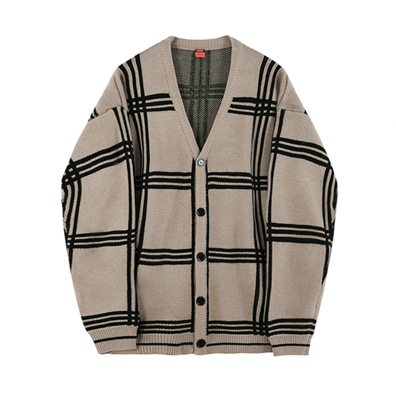 Men's Wool Blends Autumn and Winter Sweater Men Retro Cardigan Loose Casual Korean V-neck Plaid Line Cardigan Sweater Men's Knit Winter Coat