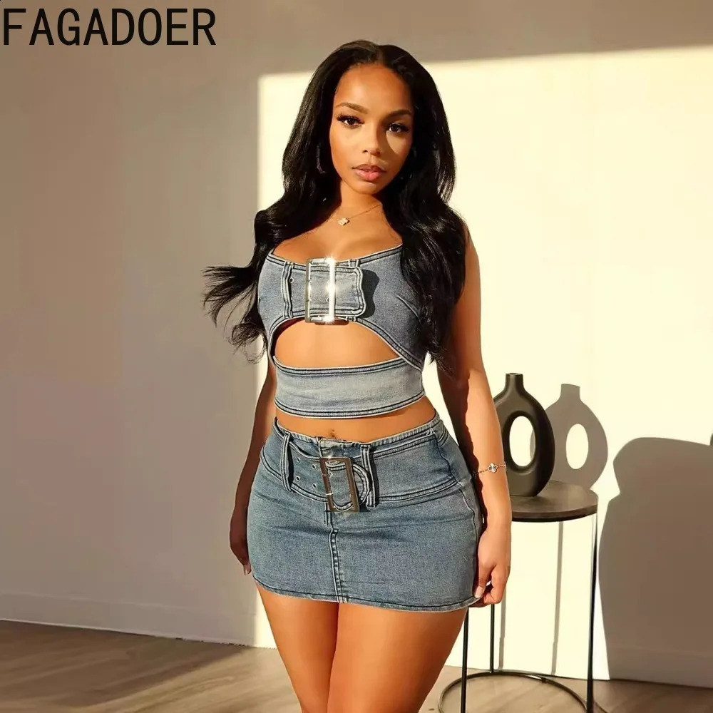 FAGADOER Blue Fashion Hollow Out Elasticity Denim Two Piece Sets Women Thin Strap Sleeveless Tank Top And Skirts Cowboy Outfits 240812