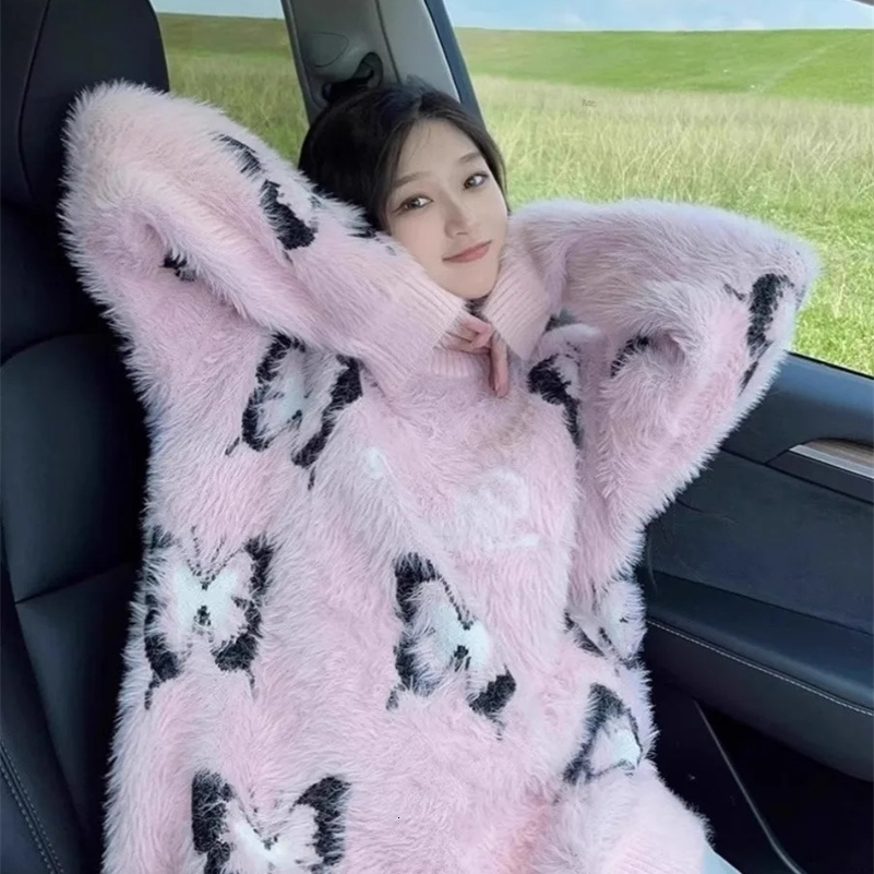 Women Pink Gothic Mohair Pullover Knitted Sweater Harajuku Y2k Long Sleeves Sweater Jumper Vintage 2000s Aesthetic Clothes 240812
