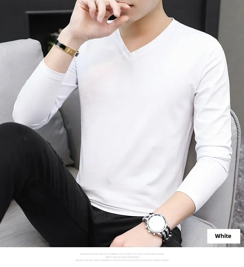 Mens Long Sleeve V-neck Base Layer T-shirt Autumn/winter White Fall Clothing Inner Autumn Collection Top Mens Trendy 240812