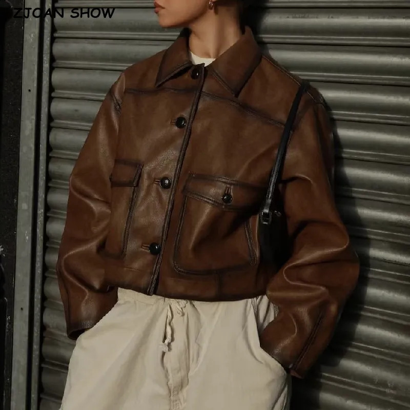 American Retro Women Vintage Gradient Brown PU Leather Jacket Full Sleeve Single-breasted Button Coat Loose Short Outerwear 240813