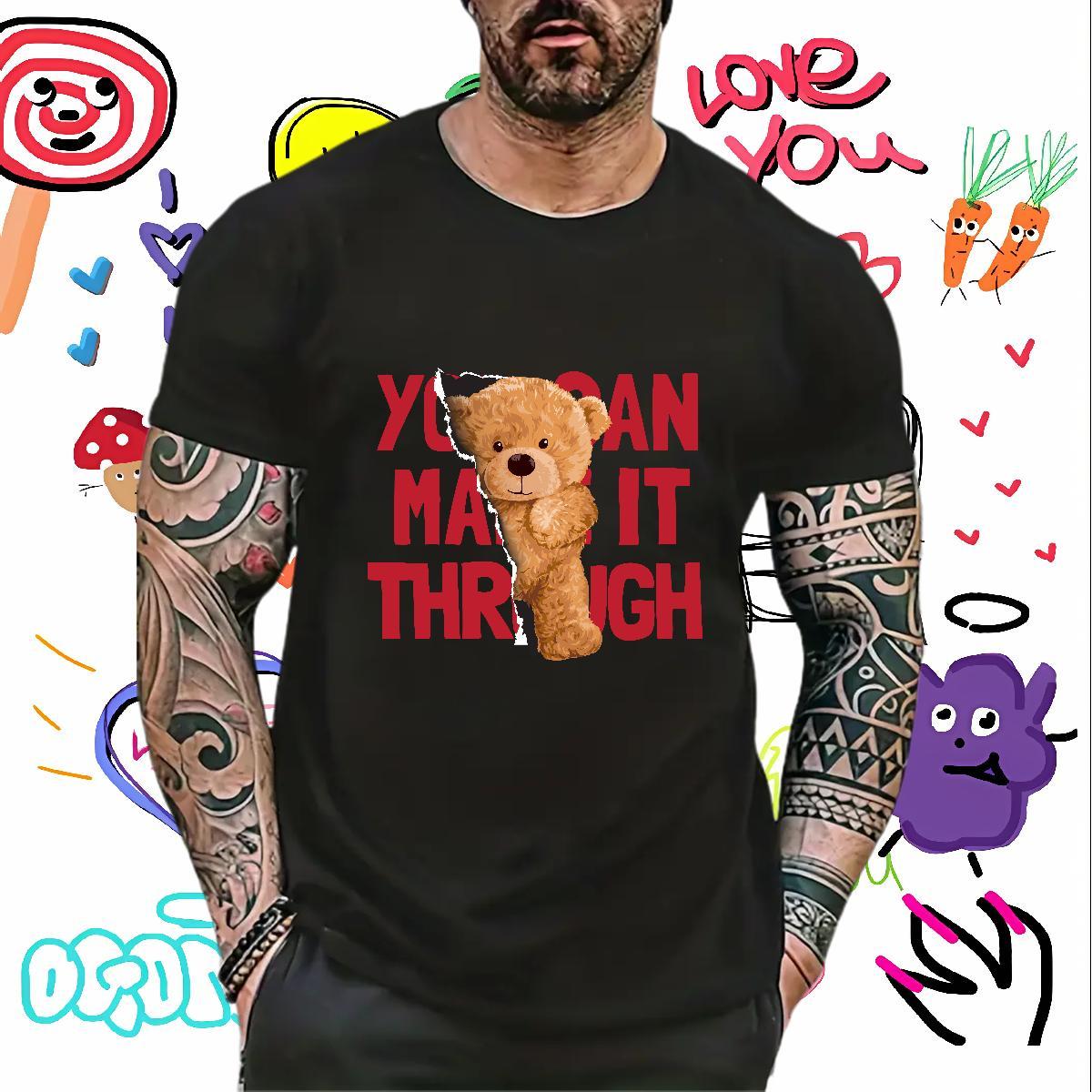 T-Shirts for Men 230g 100% Cotton bear Hip Hop Street Breathable Cartoon Printing L-4XL Men Tshirts 2024 New TOP Quality Wear