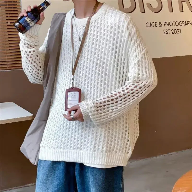 Hollow fishing net top thick thread knitted sweater suitable for mens womens fashionable Korean style toplevel casual jacket 240812