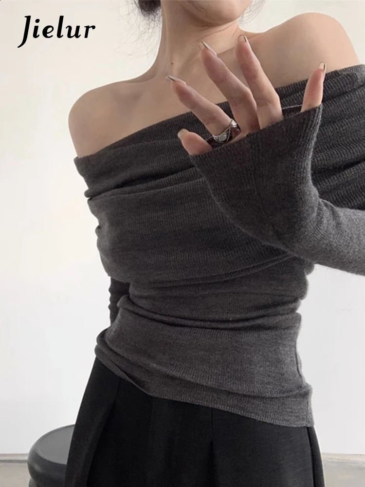 Jielur Autumn Solid Color Slim Women Pullovers Casual Loose Sexy Sweet Pullovers Woman Dark Grey White Black Pink Knitted Top 240813