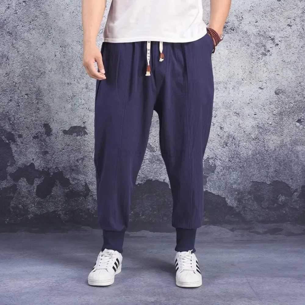 Cotton Linen Harem Pants Men Solid Elastic Waist Streetwear Joggers 2022 New Baggy Drop-crotch Pants Casual Trousers MenXJ240813