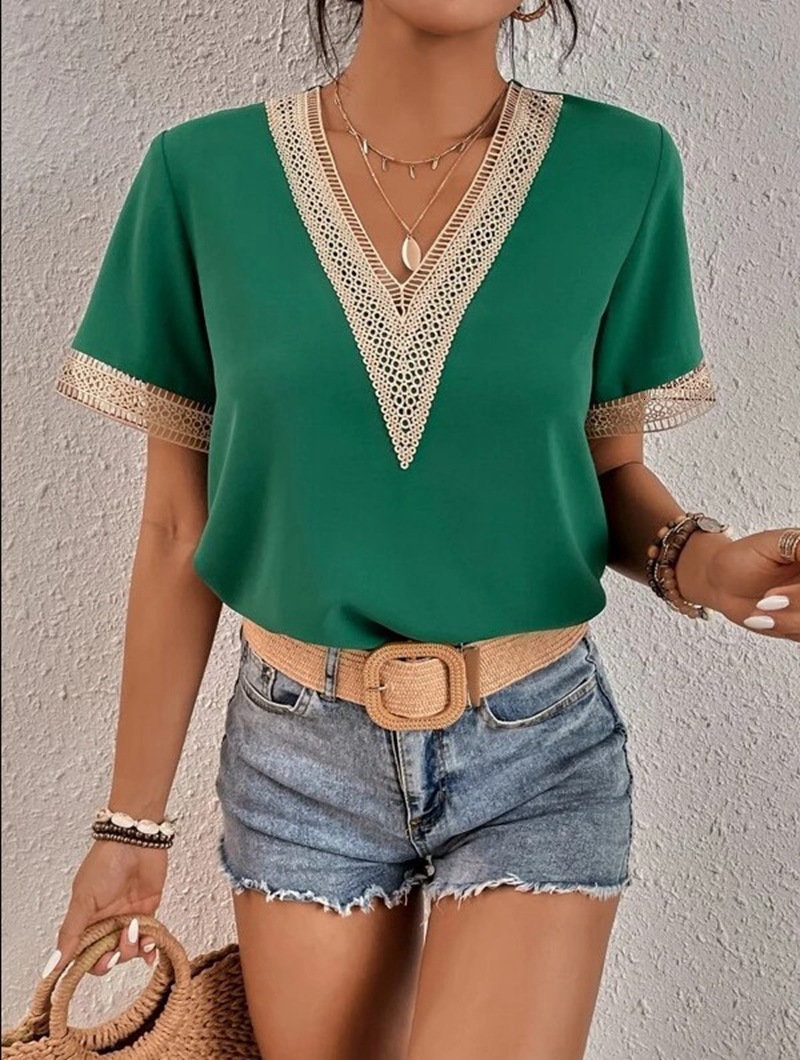 Elegant Blouse Fashion Short Sleeve Tops 2023 Summer V-neck