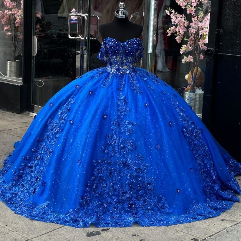 Royal Blue Shiny Quinceanera Dresses Ball Applique Beads Tull Birthday Party Lace Up Graduation Gown Sweetheart de 15 anos