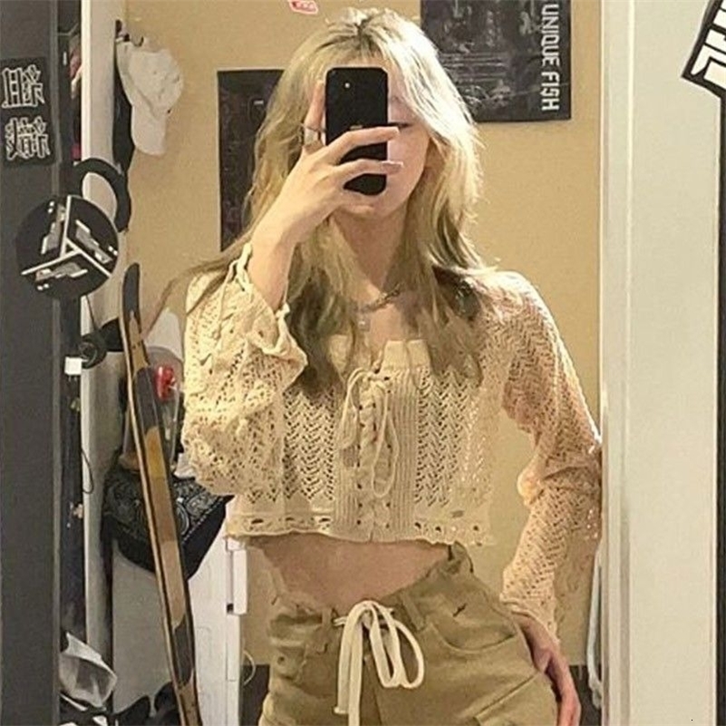 Deeptown Crop Lace Up Women Knit Cardigan Y2K Long Sleeve Hollow Out Kintwear Gyaru Slim Vintage Korean Style Sweater Harajuku 240812