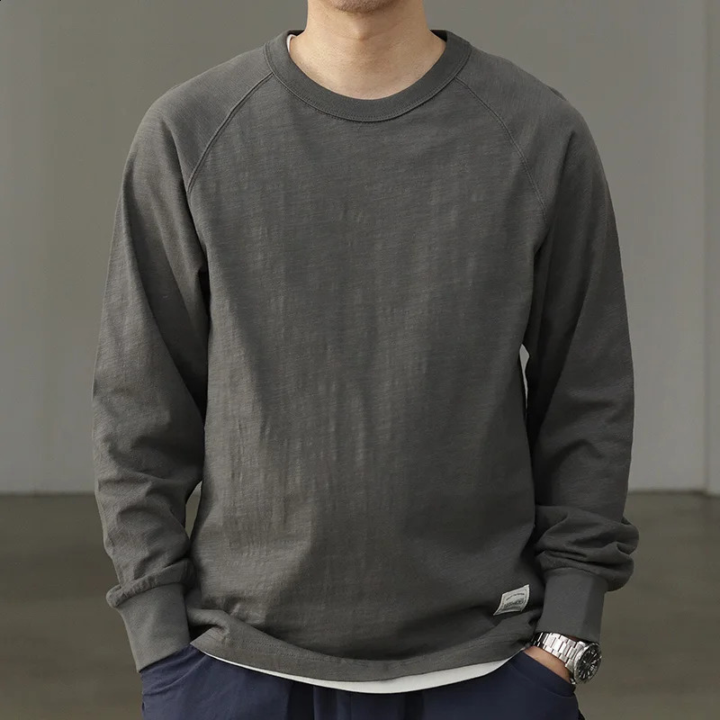 Autumn American Retro 210g Long Sleeve O-neck Solid Color T-shirt Mens Fashion 100% Slub Cotton Washed Casual Loose Tops 240812