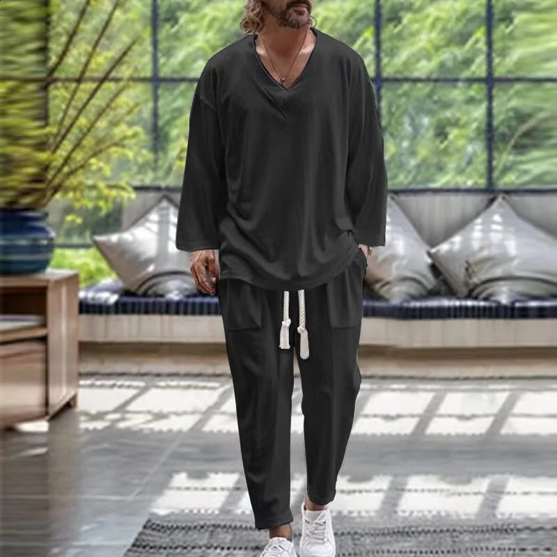Spring and Autumn Mens Casual Thin Loose Solid Long Sleeve Vneck TshirtDrawstring Pocket Two Piece Set 240812