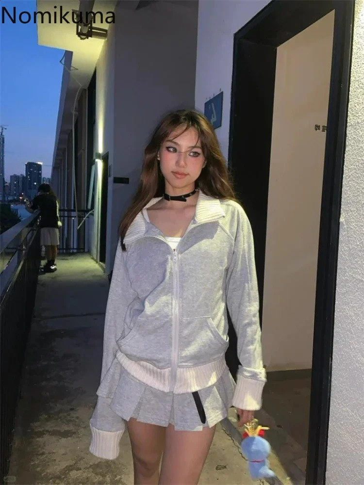 Patchwork Knit Stand Neck Hoodie Womens Clothing Casual Fashion Zipper Outwear Y2k Tops Solid Color Vintage Sweatshirts Jackets 240812