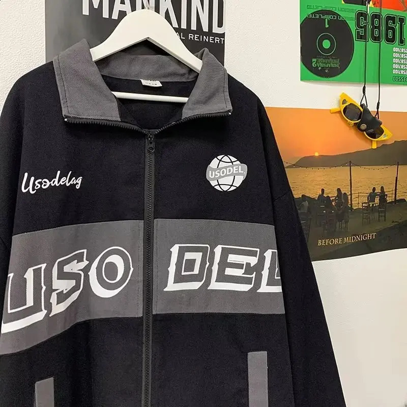 Sping Korean Fashion Varsity Jacket Mens Splicing Work Windshield Letter Printing Coats Color Block Thin College 240812