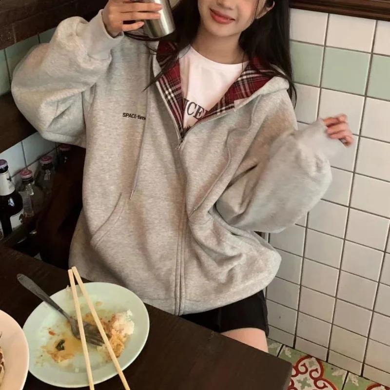 American Retro Harajuku Style Gray Red Plaid Zip Up Hoodie Sweatshirts Women Spring Autumn Loose Casual Y2k Kpop Streetwear Coat 240812