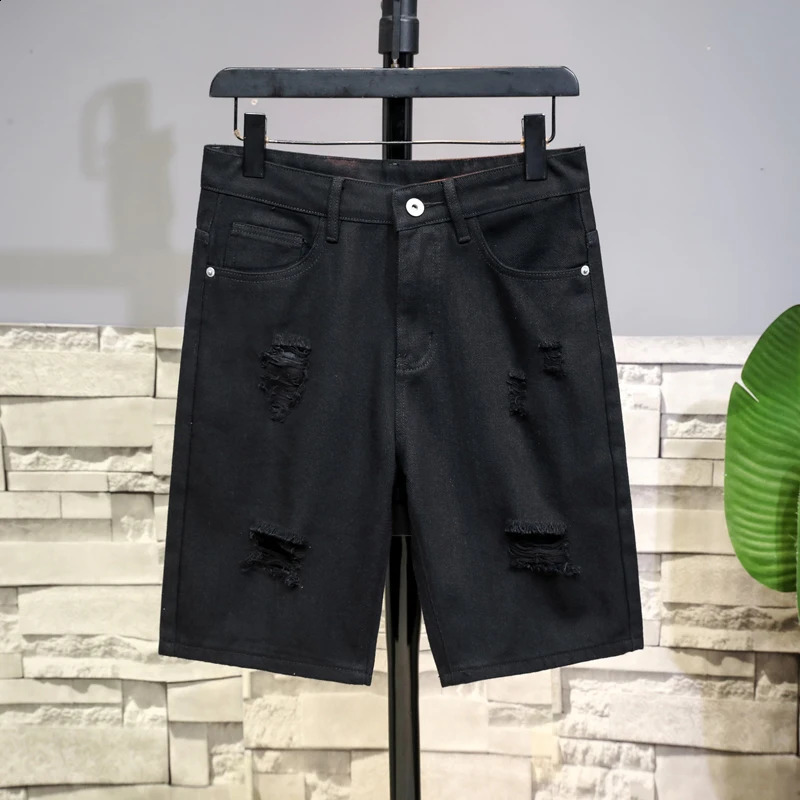 white denim shorts mens tear hole twisted knee length classic simple and fashionable casual slim fit highquality 240812