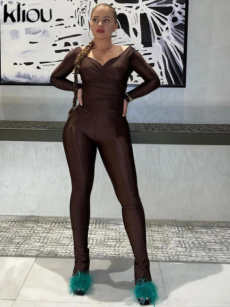 kliou Autumn Women Ankle-Length Casual Polyester Glossy Two Piece Set K23S35204 Solid Folds TeesPencil Pants Street Outfit 240813
