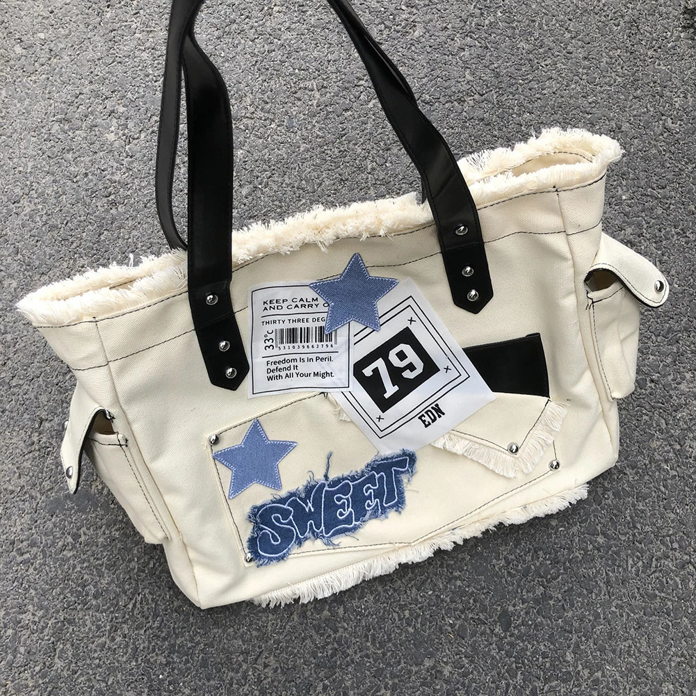 Womens casual square large capacity solid shoulder bag with side pockets star shaped handbag canvas 240813