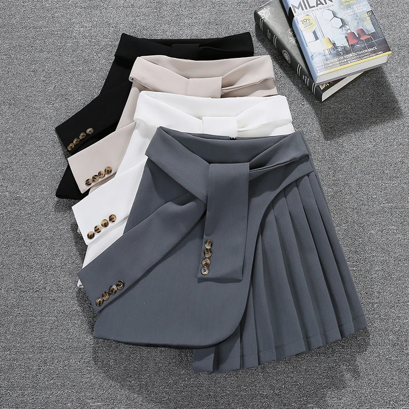 Elegant Asymmetrical Skirt Women Spring Summer High Waist Mini Skirts Sexy Woman Korean Solid Color Black White Pleated skirt 240813