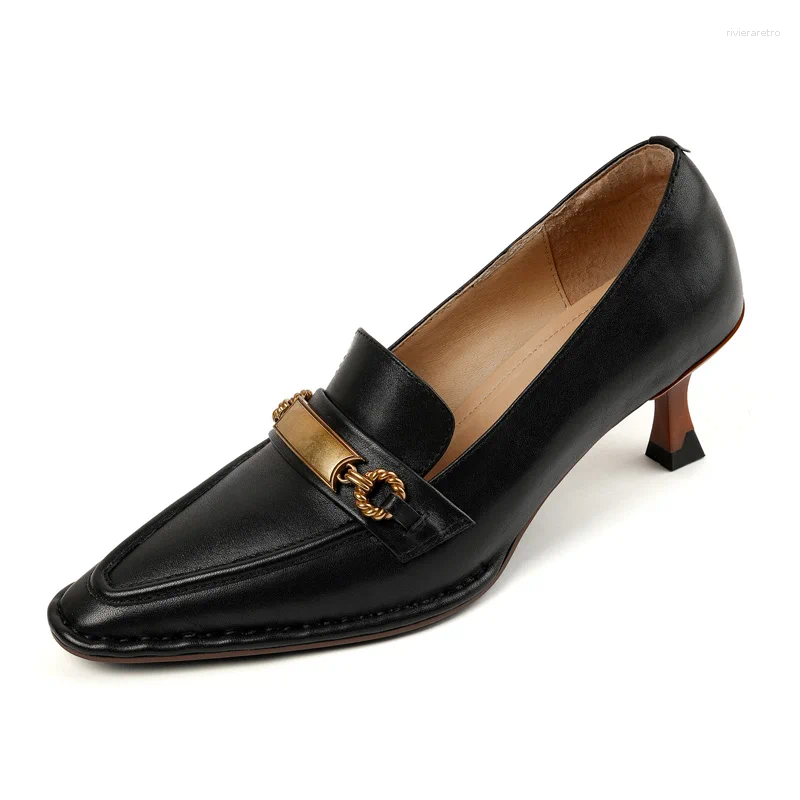 Dress Shoes Genuine Leather Retro Women 6cm High Heels SmallHut Spring Black Brown Green Square Toe Pumps Metal Decoration Lady Party