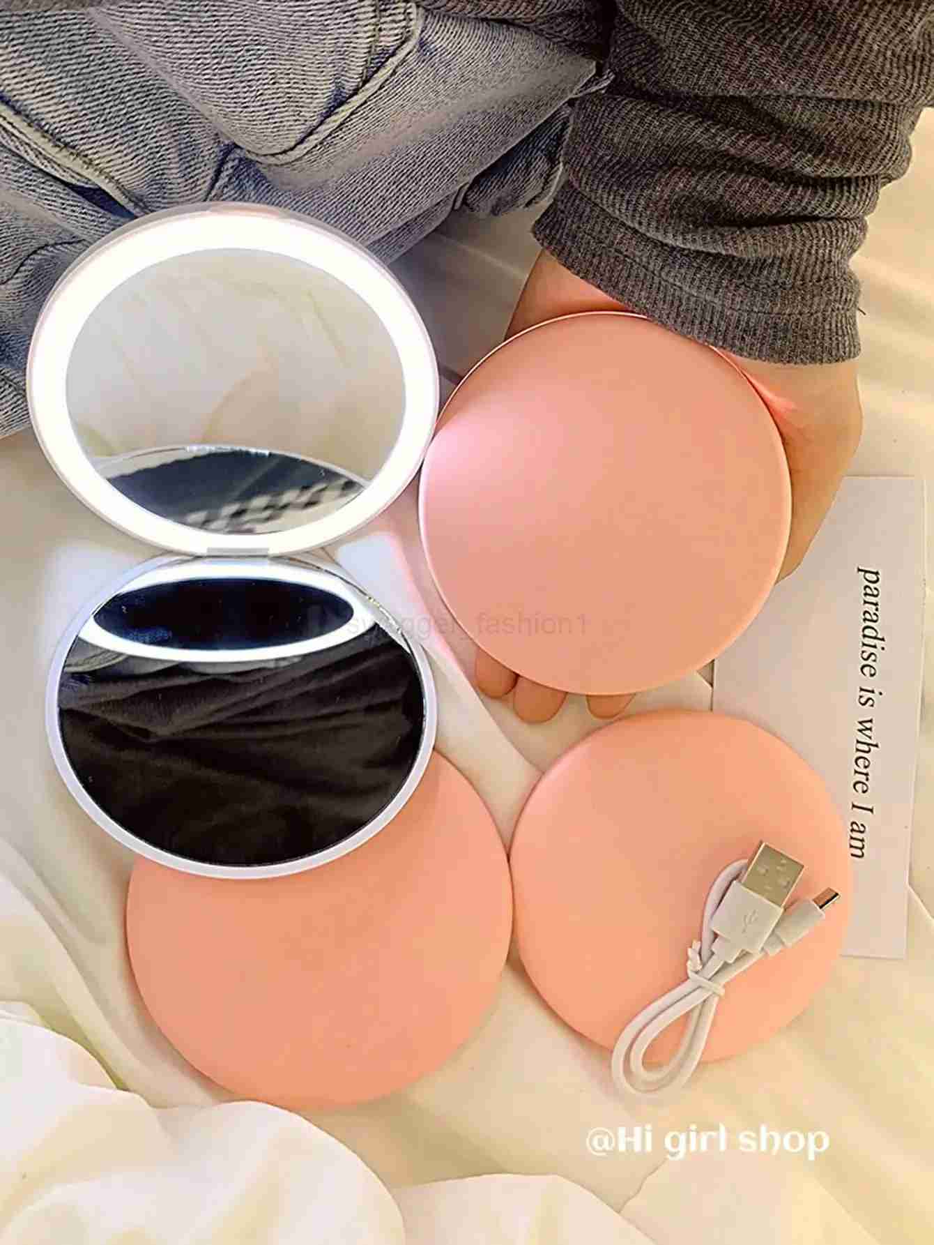 LED Foldable Makeup Mirror Women Mini Mirror Small Pocket Mirror Pink And White Luminous EffectXJ240813
