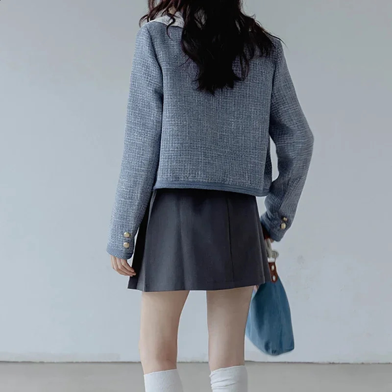 HELIAR Women Elegant Tweed Blue Jacket Long Sleeve Single Breasted Cardigan Coat Female Loose Chic Outerwear Autumn Winter 240812