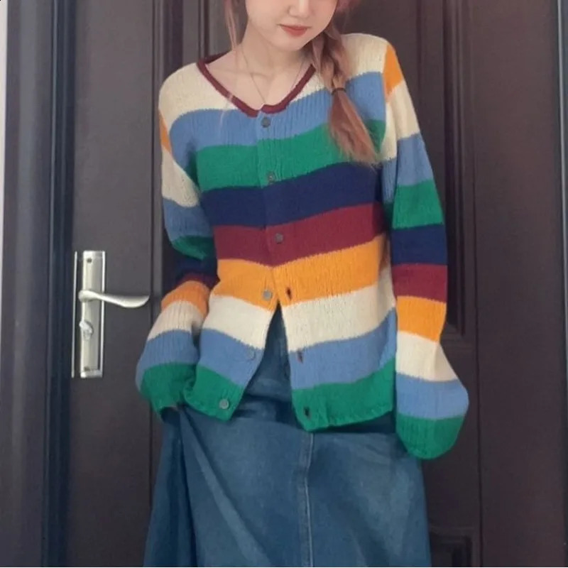 Womens Round Neck Color Sweater Spring Autumn Retro Loose All-match Striped Long Sleeved Knitted Single-breasted Cardigan Tops 240813