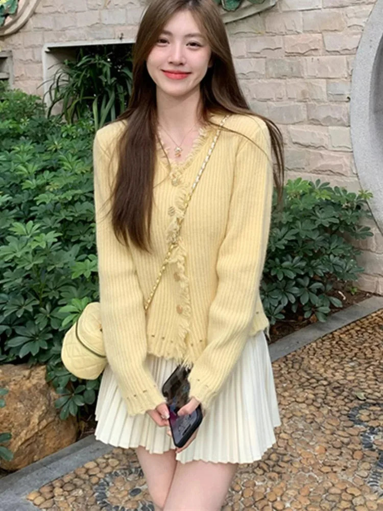 Zoki Tassel Yellow Sweet Cardigan Sweaters Women Casual Vintage Preppy Style Knitted Coat Korean Elegant Long Sleeve Fashion Top 240812