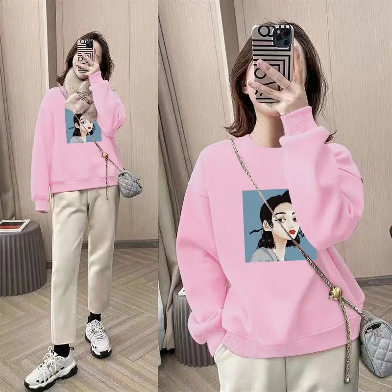 Autumn and Winter Womens Crew Neck Long Sleeved Printed Loose Pullovers Korean All Match Fashion Casual Office Lady Tops 240812