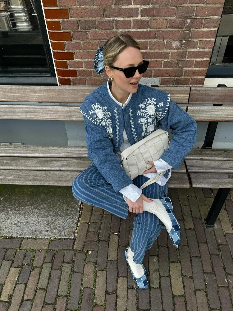 Womens fashionable floral print patch work open seam jacket elegant Oneck long sleeved pocket fully matched streetwear 240808