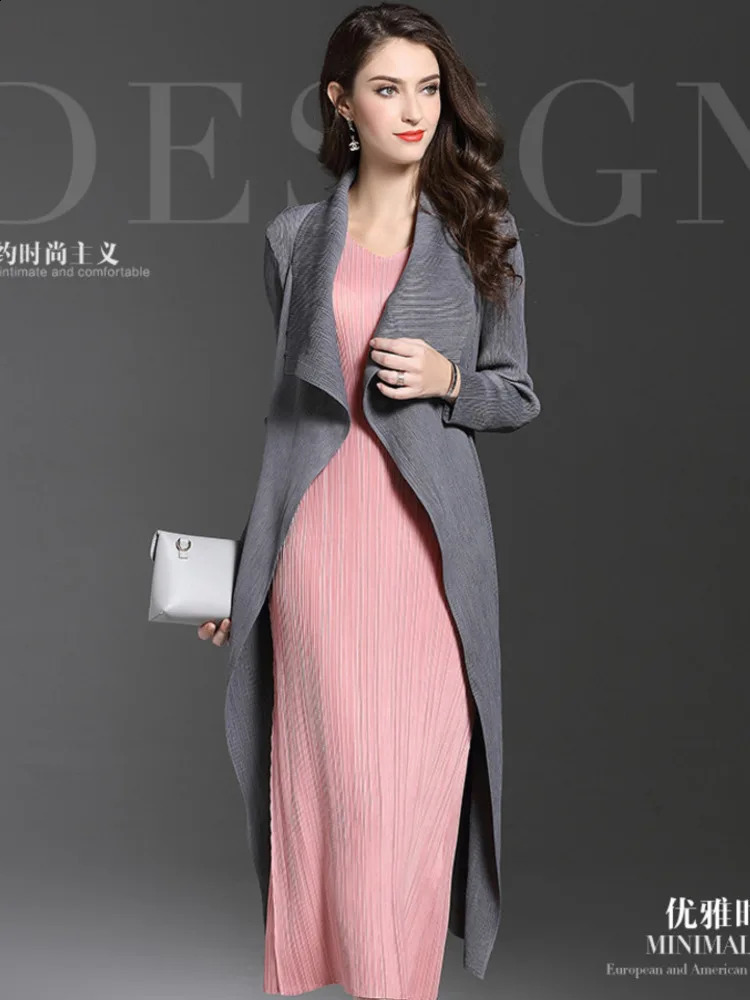 Women Fashion Pleated Long Windbreaker Turn Down Collar Open Cardigan Black Green Gray Red Khaki Female Clothing Coat Shawl 240813