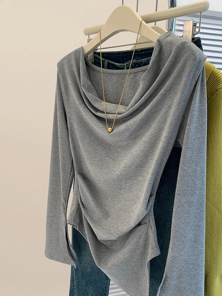 Swinging collar long sleeved Tshirt womens autumn sexy irregular ultrathin top fashion version solid color 240812