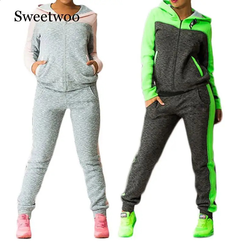 Autumn 2 Piece Set Women Tracksuit Sportswear Casual Sweat Pants Hooded Cropped Sweatshirt Hoodie 240809