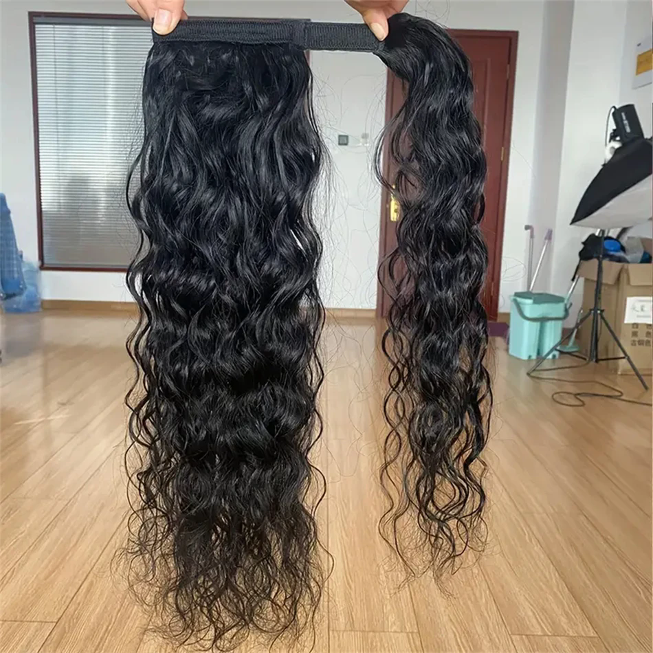 Natural Color Wave Brazilian Human Hair Ponytail wraps around Designed For Women To Extend The Magic Paste Clip Hairpin Headgear 140g