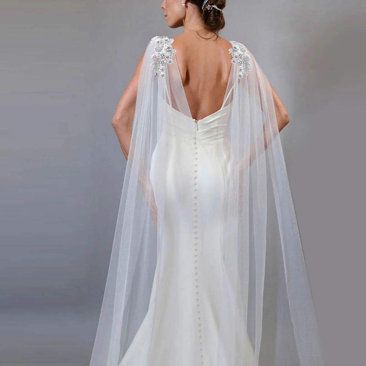Simple Long Wedding Wrap Beading Crystal Appliques Pearls Tulle Sleeveless Bride Shawl For Strapless Bridal Dress High Quality