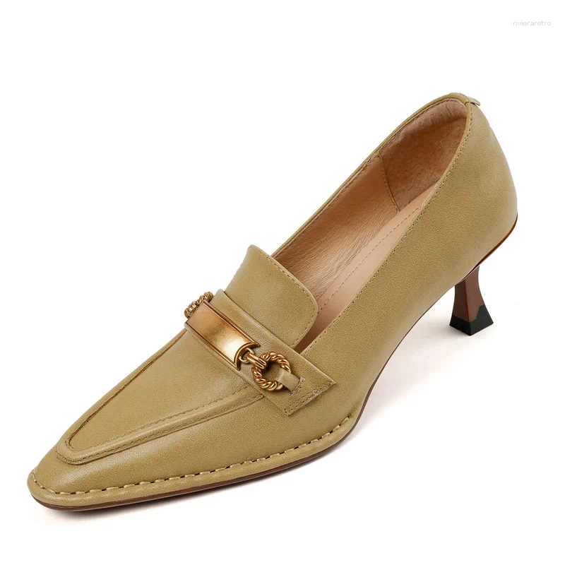 Dress Shoes Genuine Leather Retro Women 6cm High Heels SmallHut Spring Black Brown Green Square Toe Pumps Metal Decoration Lady Party
