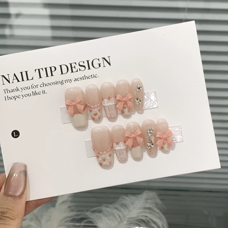 Pink Bow Handmade Wearable False Nails for Set Of Students Can Used Short T Easy Disassembly And Reuse Press On Nails Patch 240810