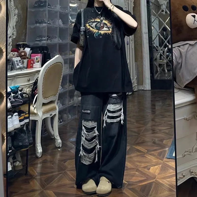 American Style High Street Retro Jeans Spring Loose Thin Straight Legs Trouser Versatile Casual Tear 240807