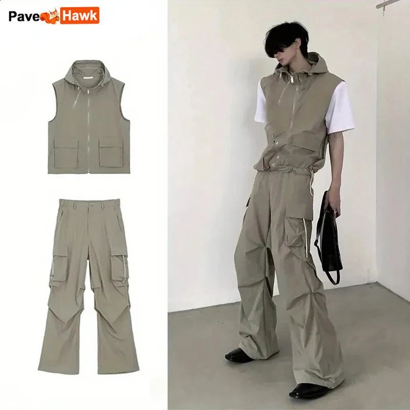 Summer Sleeveless Set Men Women Multi-Pocket Hooded Vest jogging Cargo Pant Spring Loose Casual Zipper Two Piece Suit Street 240813
